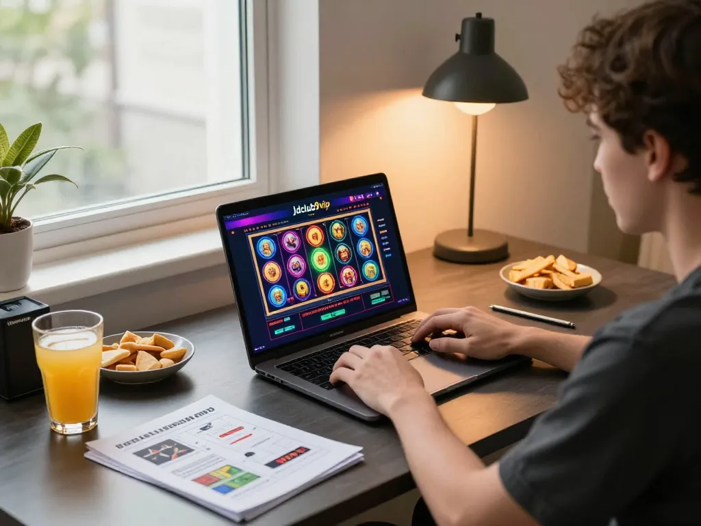 Engaging online gaming moment at Jdclub9vip, player focused on laptop showing vibrant slot games, cozy home setting.