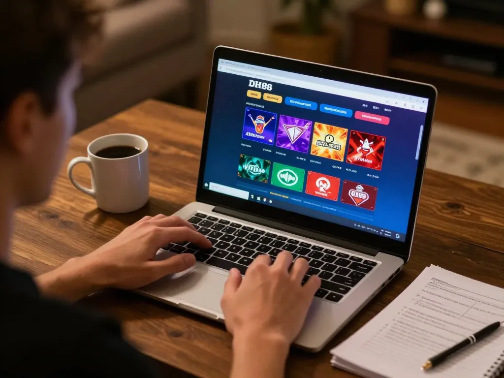 Player engaging on DH88 gaming platform, laptop showing vibrant casino interface during a focused session