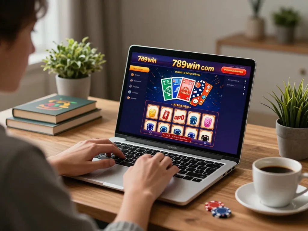 Engaging online gaming experience at 789win com with a player at home, strategizing over a laptop.