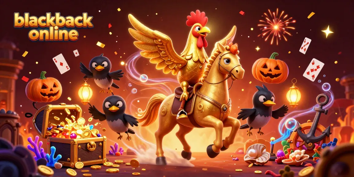 Play blackjack online with vibrant characters in an energetic casino scene filled with treasure.