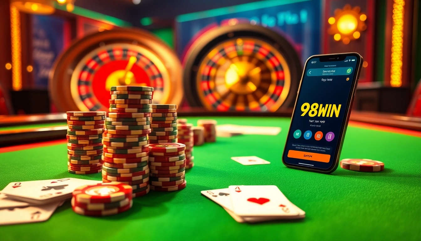 Playing poker with 98WIN’s app shows vibrant chips and a spinning roulette wheel, symbolizing excitement.