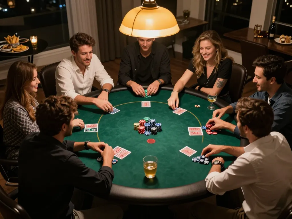 qq88 players strategizing during a lively home poker night with chips and cards visible.