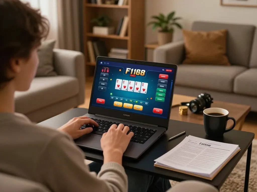 Engaged user playing F168 poker online while analyzing strategies in a cozy home setting.