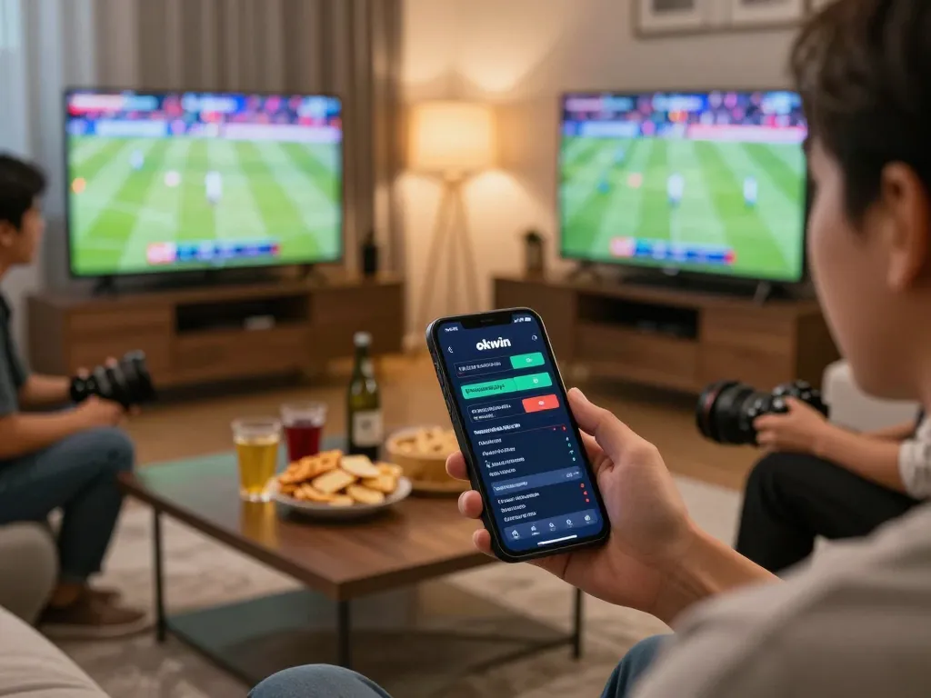 Place bets on the okwin app while enjoying a lively sports event at home.