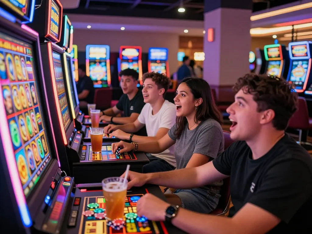 Lucky 88 slot machine game in a lively casino environment with excited players.