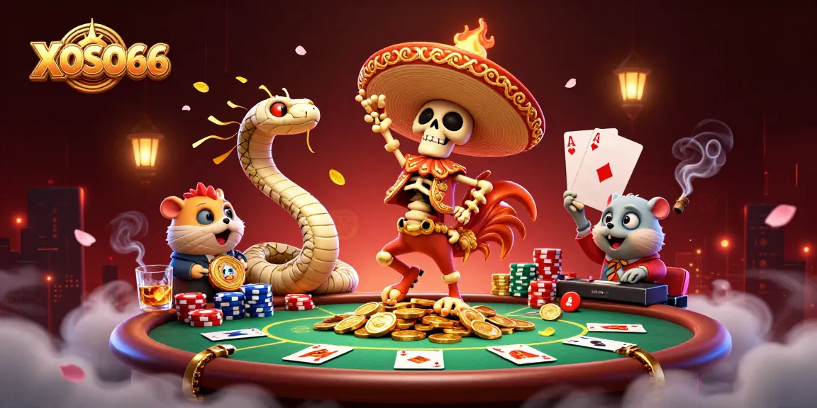 XOSO66 offers vibrant casino excitement featuring a skeleton mariachi rooster and engaging poker elements.