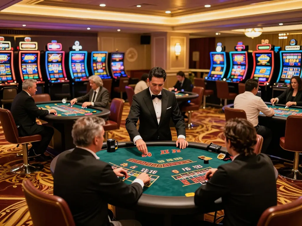 Betting excitement at XX88's vibrant casino floor, showcasing players and dealers in action.