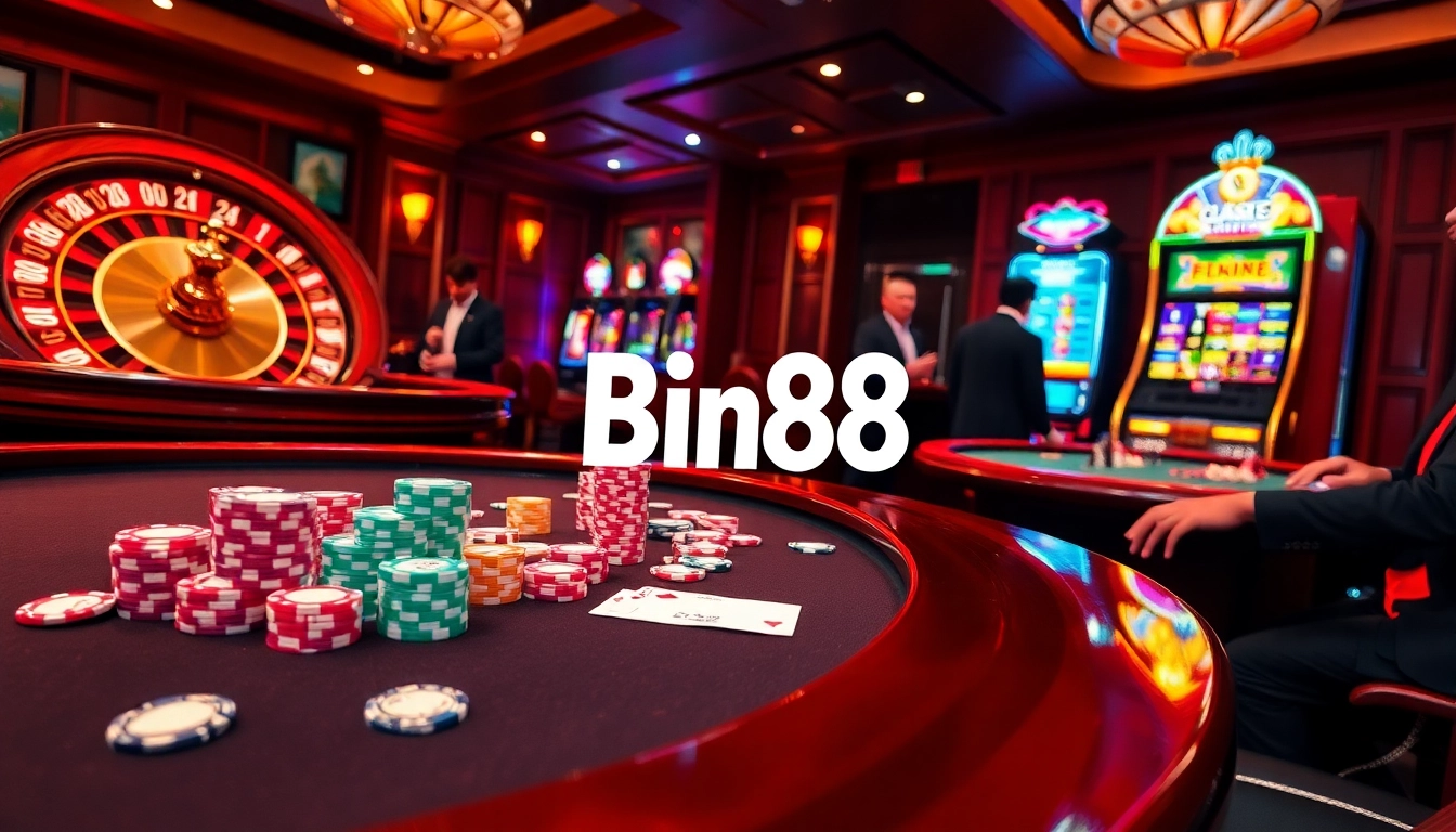 Experience the thrill of Bin88 casino with vibrant gaming tables and excited players engaged in poker.