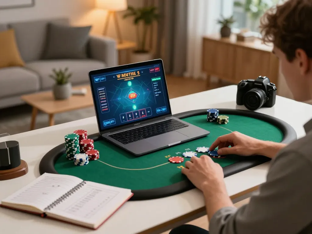 Player enjoying 32win poker experience online, engaging with strategy notes and gaming interface.