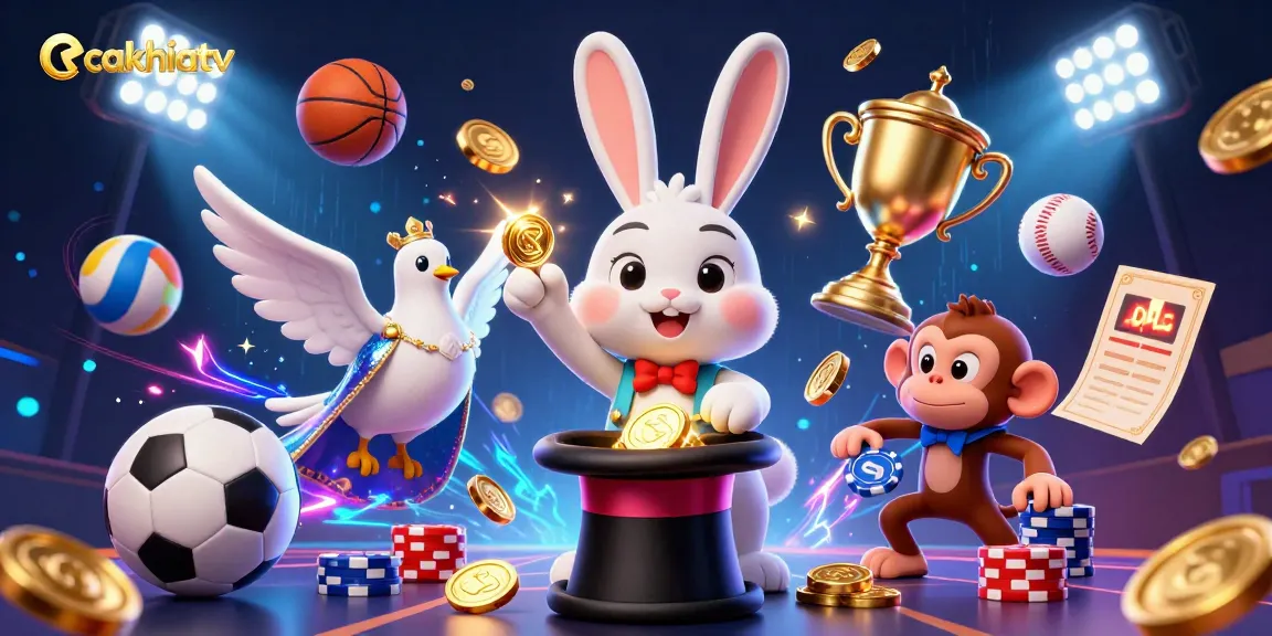 Cakhiatv showcases a vibrant casino scene with a magician rabbit, glamorous dove, and playful monkey amidst dynamic gambling elements.
