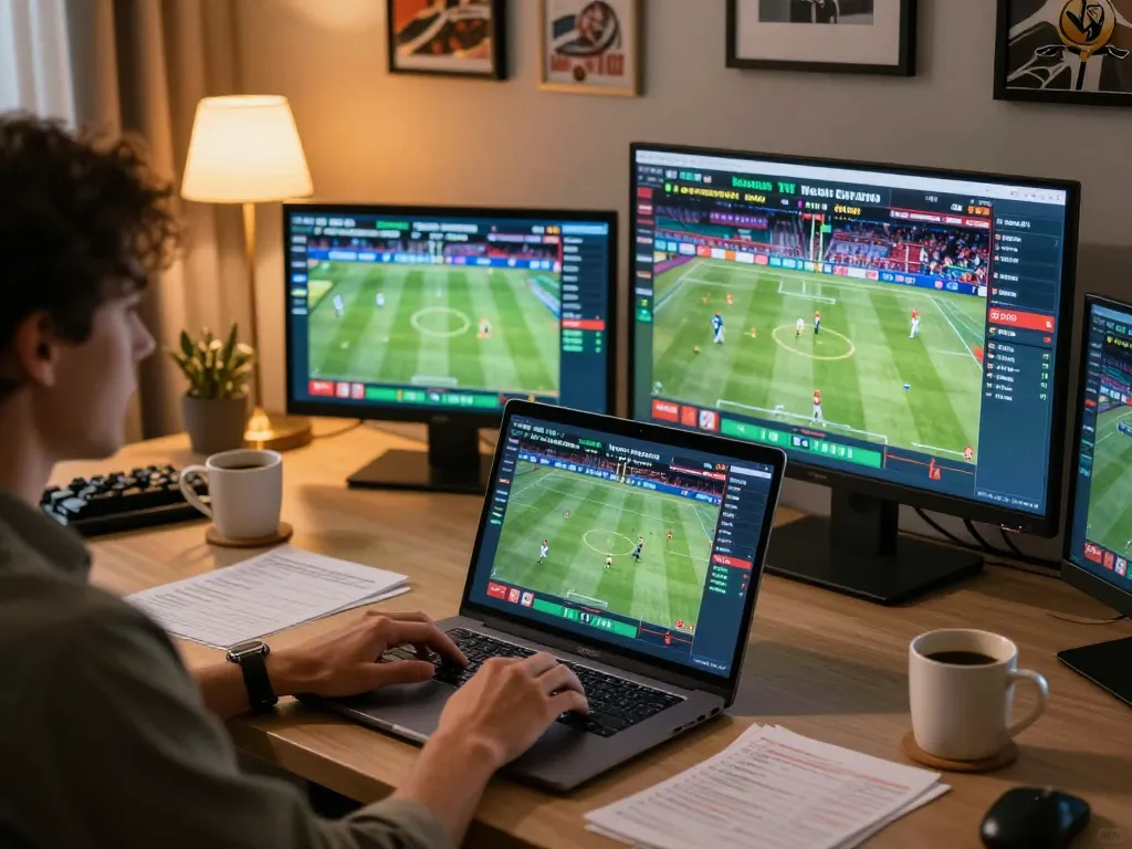 Sports betting enthusiast analyzing soi keo bong da hom nay from home office setup, laptop displaying live game odds, warm atmosphere