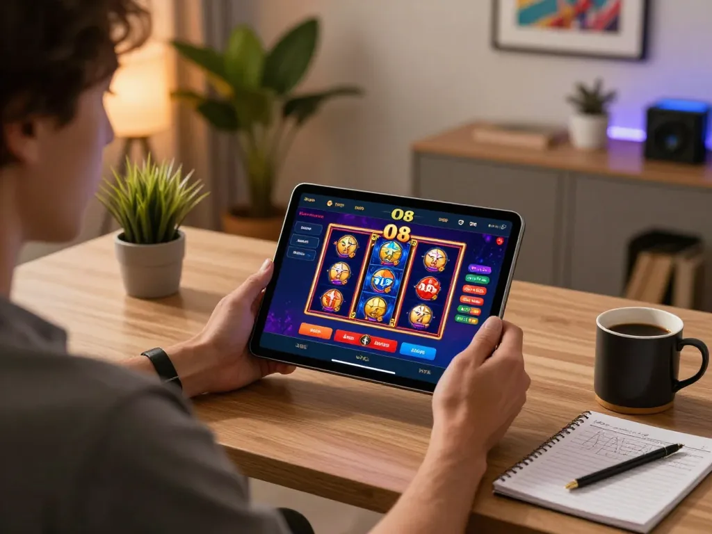Player enjoying the O8 casino app on a tablet in a cozy home environment, emphasizing online gaming excitement.