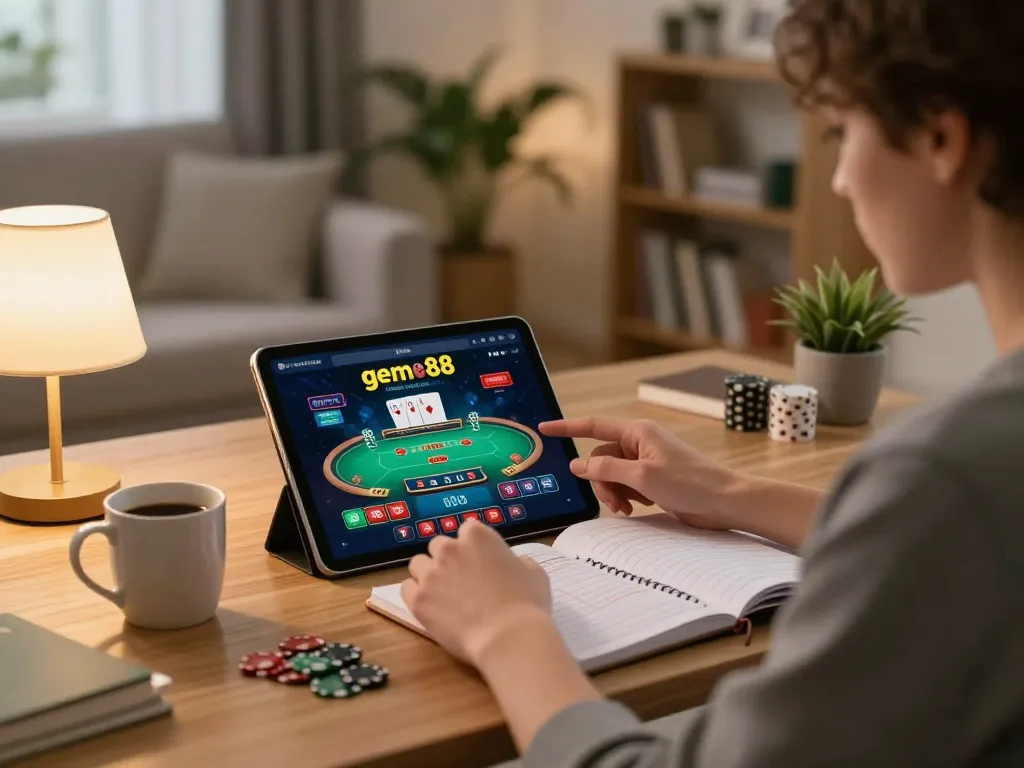 Engaging online casino gameplay on gem88 with a player strategizing in a cozy home setting.