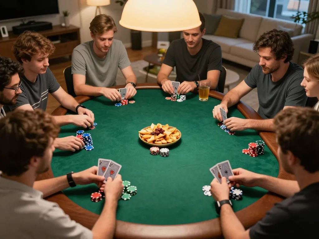 KJC players immersed in a friendly poker game with colorful chips and cards at a home setting.
