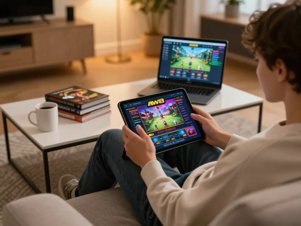 Engaging gameplay on the aw8 casino app in a cozy home setting.