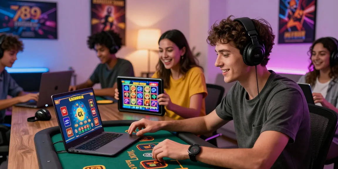 Dynamic gaming scene featuring 789Club players engaging on laptops and tablets.