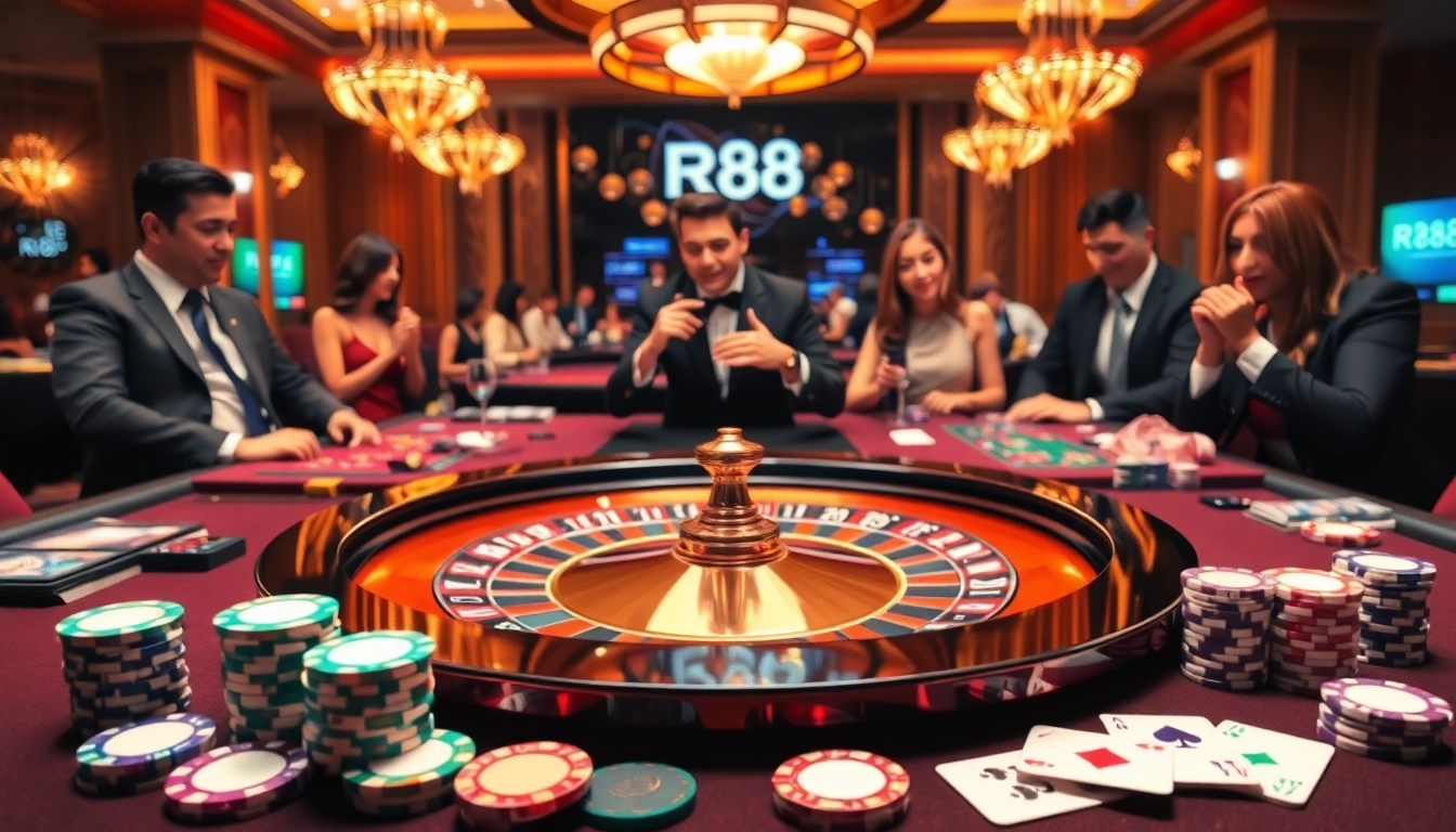 Experience the thrill of RR88 at a luxurious casino with vibrant roulette and poker games.