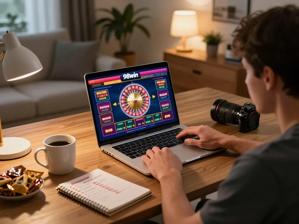 Engaging in online gambling on 98win with a laptop, displaying a vibrant casino interface