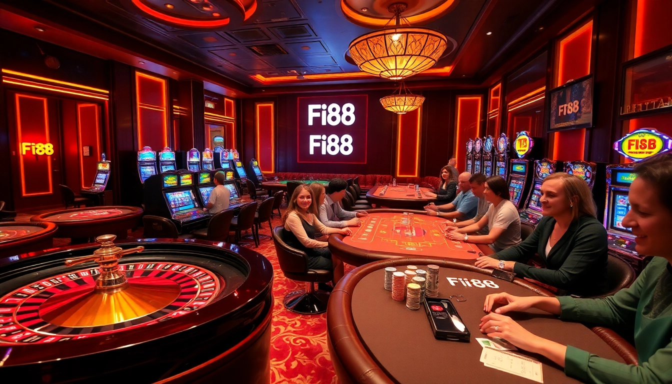 Engaging gamblers at the Fi88 casino with vibrant slot machines and poker tables.