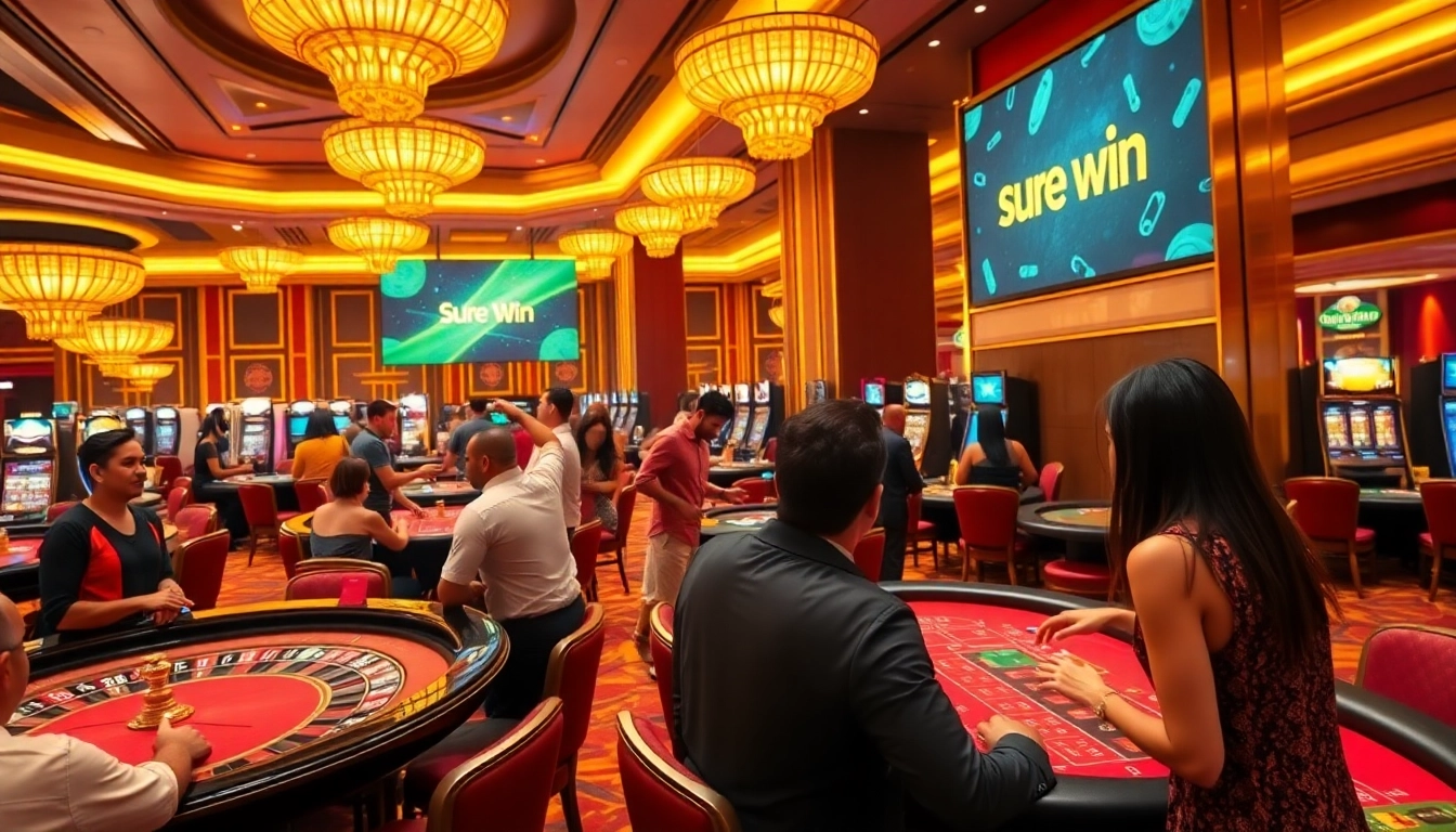 Excited players celebrating a sure win at a vibrant casino filled with roulette and poker tables.