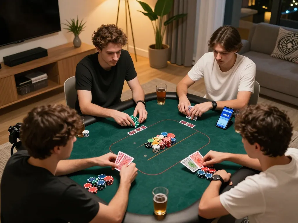 iwin club online poker game session in a stylish home environment with players engaged and socializing