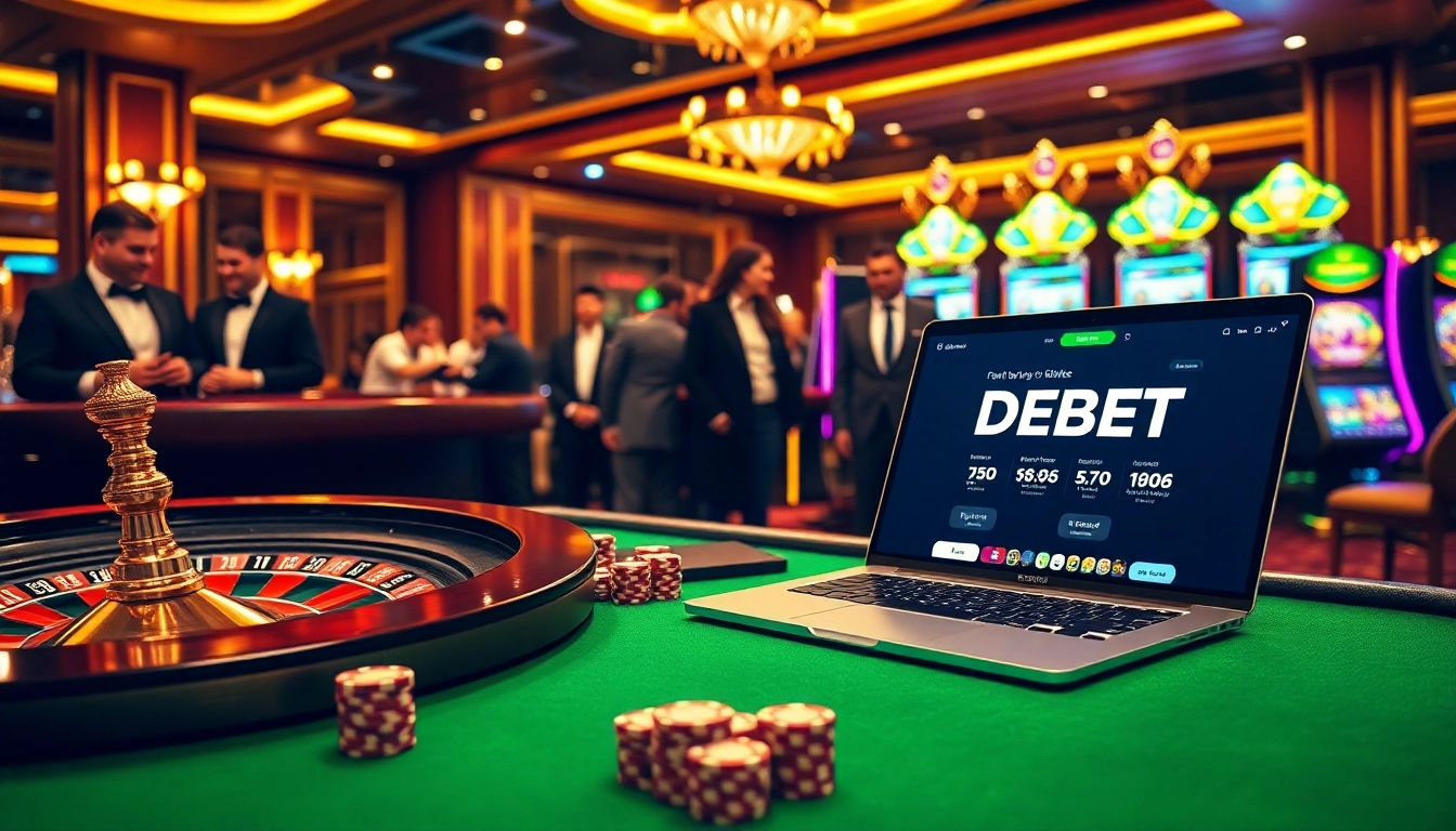 DEBET players engaging with a luxurious casino atmosphere full of excitement and winning opportunities.