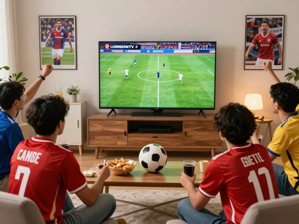 Fans enjoying a lively football match on LUONGSONTV in a vibrant living room.