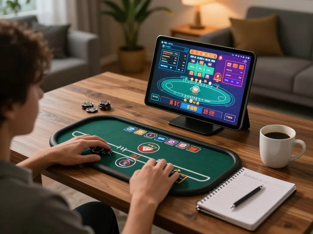 fly88 user engaging in poker gameplay on tablet in cozy home setting, focusing on strategic notes and online interaction