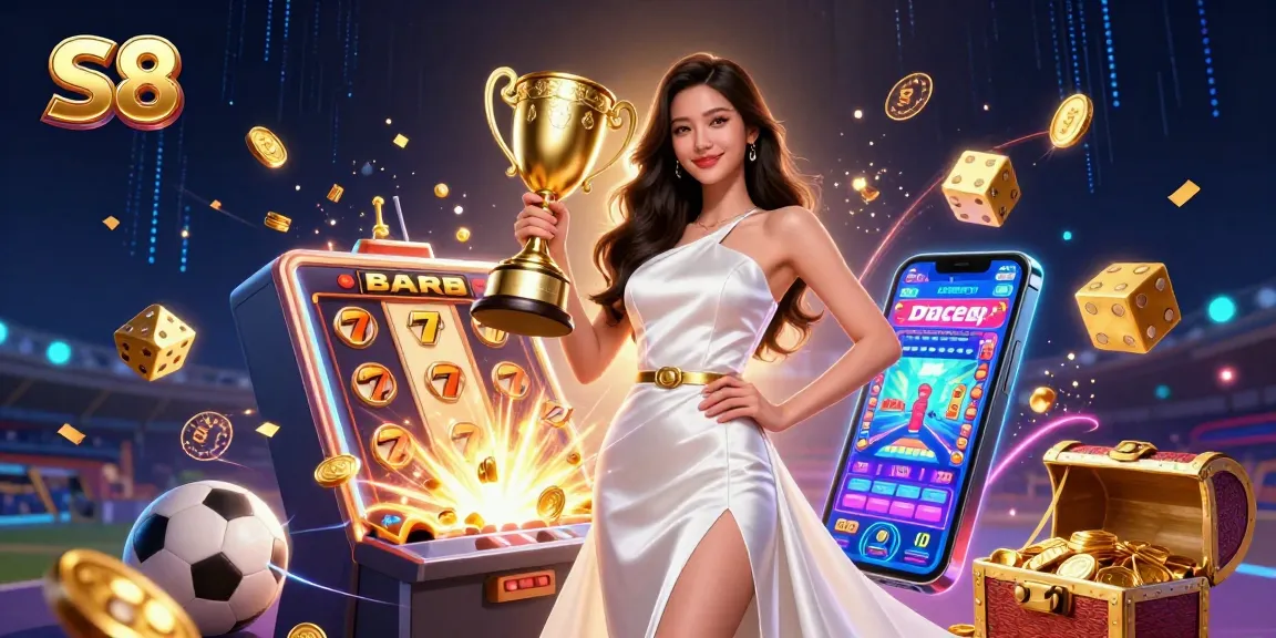S8 celebrates victory in a vibrant casino scene featuring a confident Asian woman with a trophy amidst sports betting elements.