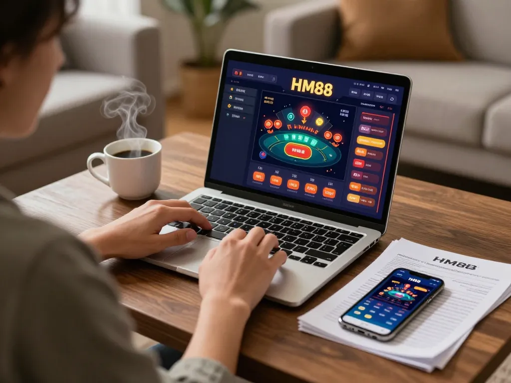 Engaging with HM88 online casino gaming in a cozy living room setting, showcasing laptop gameplay and strategic notes.