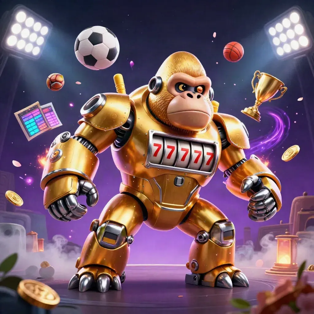 Golden gorilla mech with monkey pilot, flying sports balls, neon casino lights, purple night haze