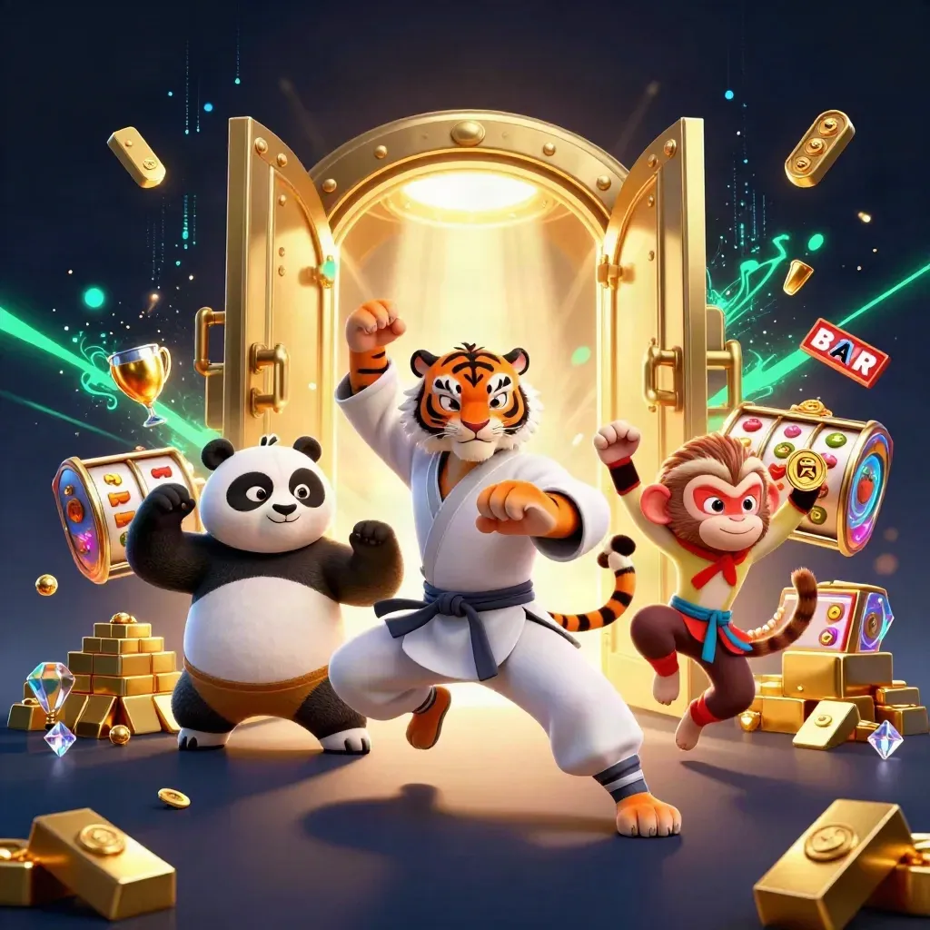 Tiger, panda, and monkey burst from a golden vault amid neon casino treasure and green lightning.