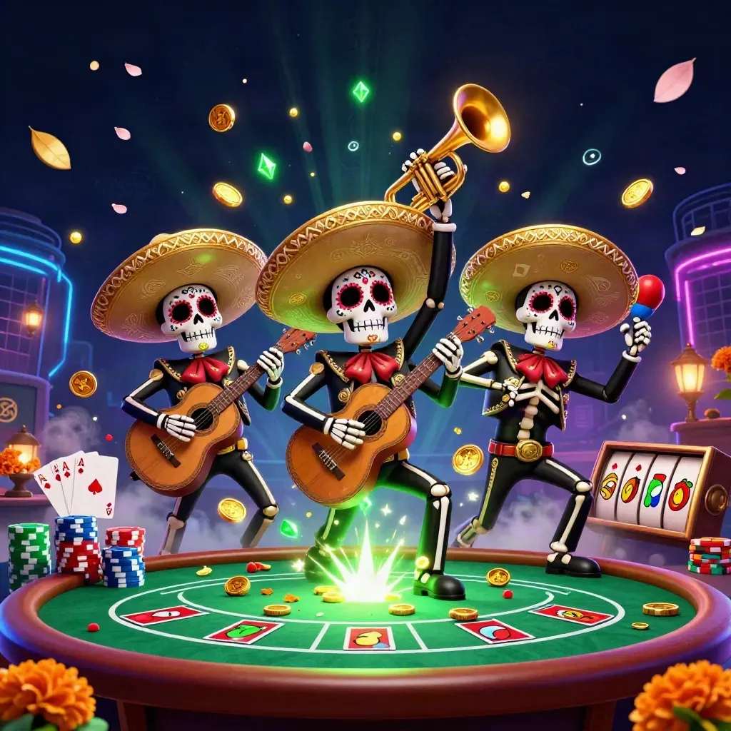 Skeleton mariachi trio at a neon poker table with chips, aces, and glowing casino magic