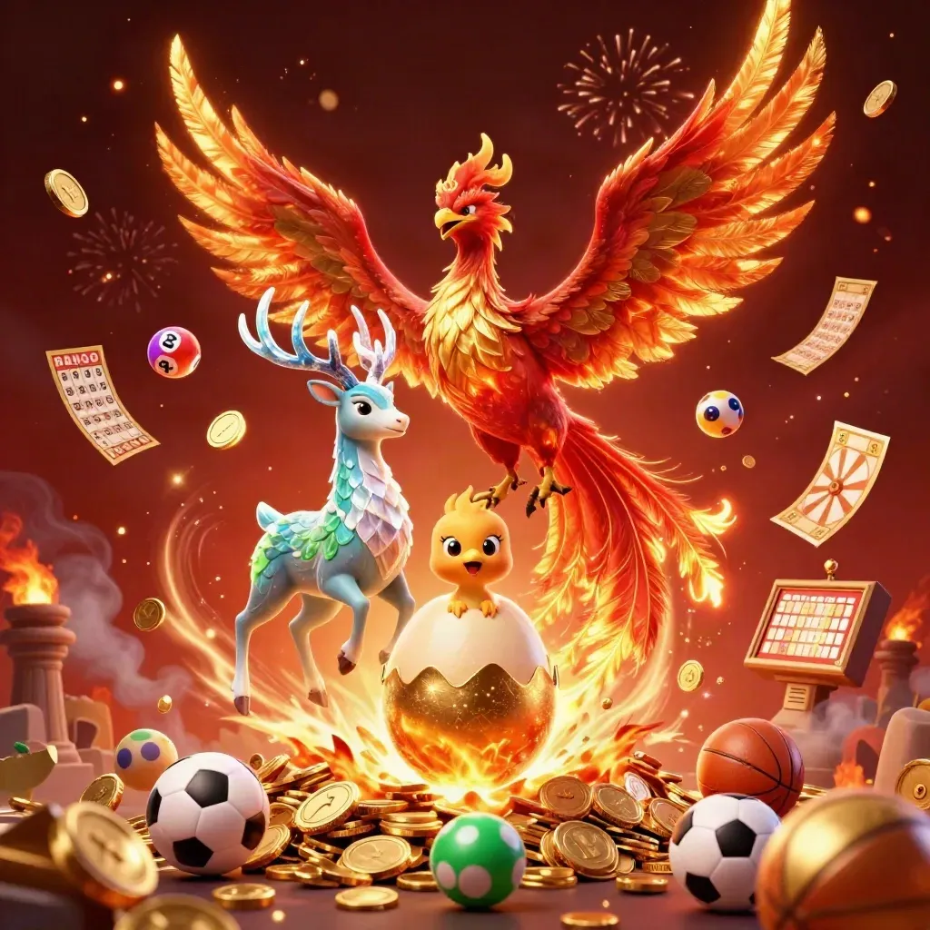 Phoenix trio amid treasure burst, coins, fireworks, and sports betting accents on a dark casino glow.