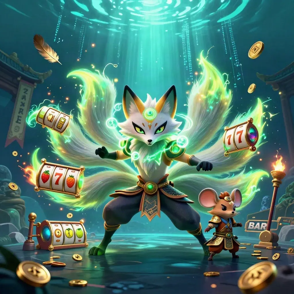 Nine-tailed fox spirit with armored mouse amid coins, reels, temple gate and neon casino effects
