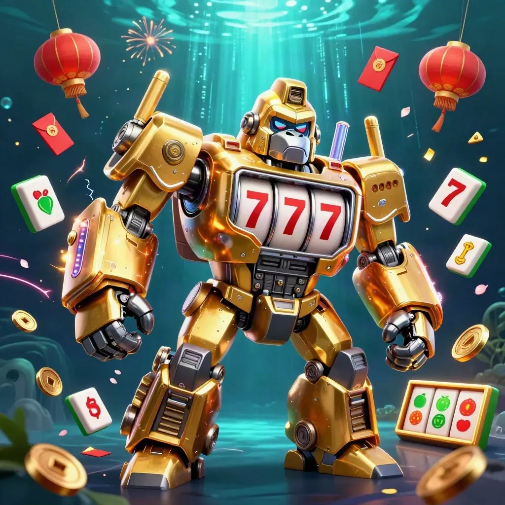 Golden gorilla slot mech with tiny monkey pilot amid reels, lanterns, coins, and neon energy