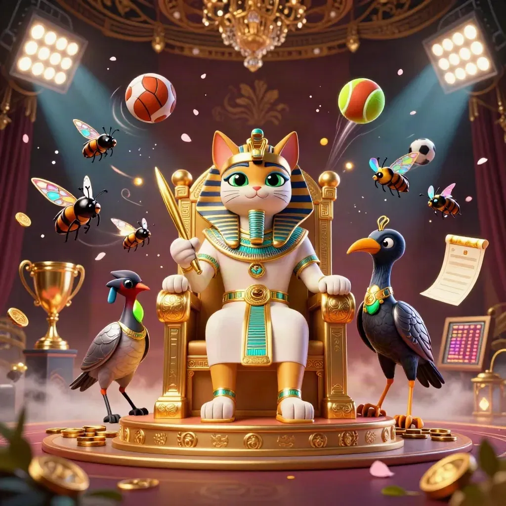 Pharaoh cat on golden throne with ibis scribe, scarabs, sports balls, coins, and glowing casino energy.