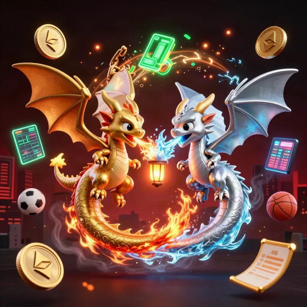 Twin gold and silver dragons spiral with coins, neon effects, and city-night casino energy.