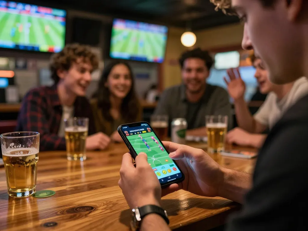Player engages in sports betting on mobile app at a lively bar atmosphere, showcasing com excitement and social interaction.