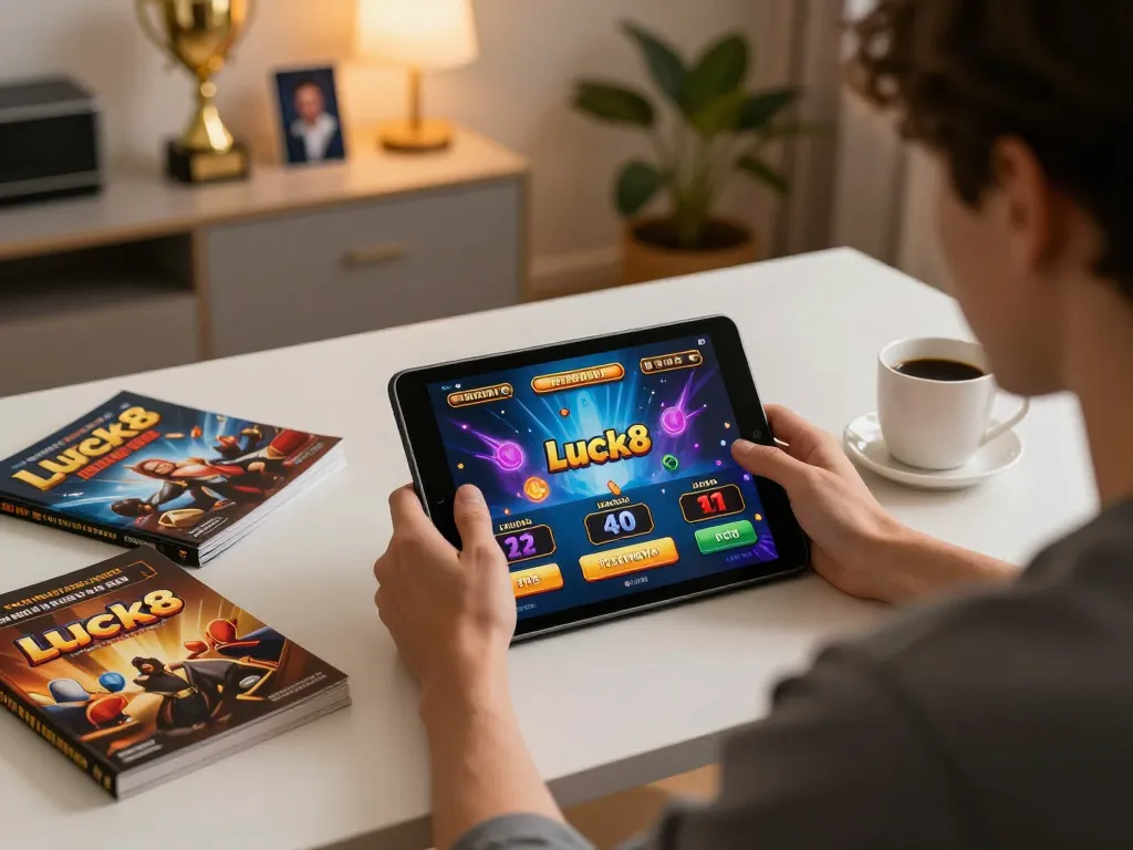 Player enjoying Luck8 casino games on a tablet, showcasing an immersive online gambling experience.