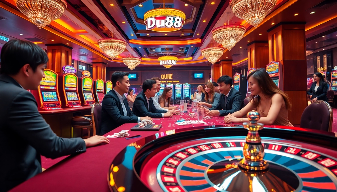 Engaging DU88 casino scene showcasing players at vibrant gambling tables and machines.