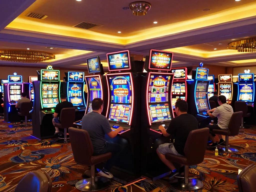 Players engaging with colorful slot machines at Me99 casino, showcasing excitement and diverse gameplay.