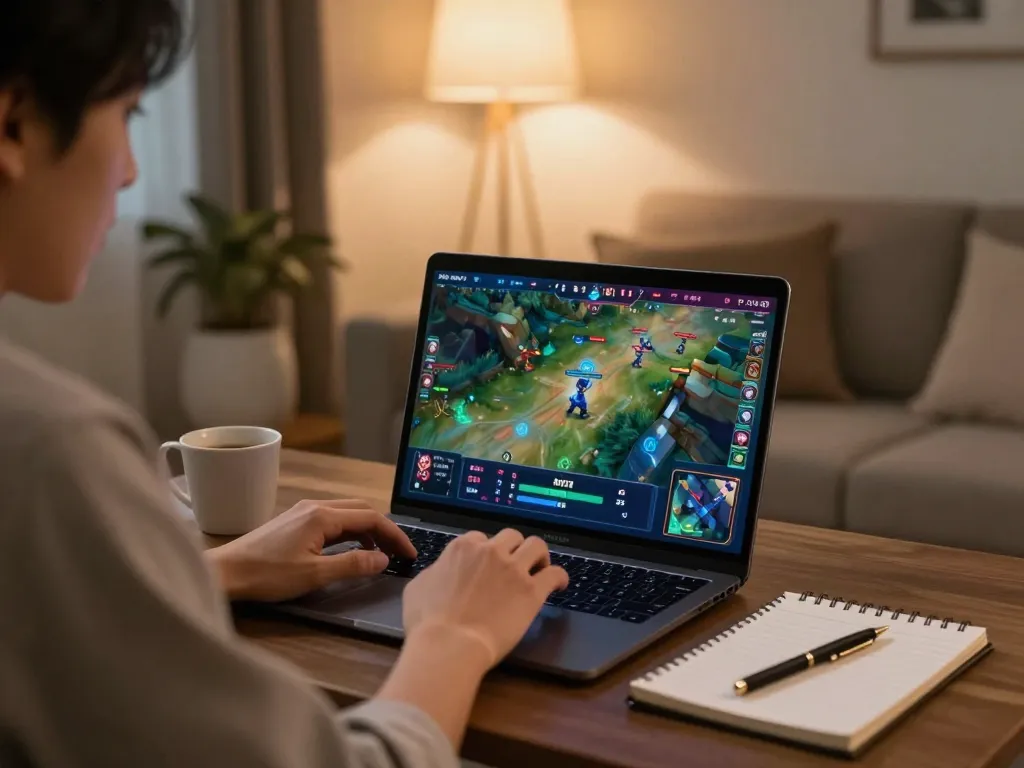 Player enjoying an online Xoc Dia game using a laptop, showcasing vibrant interface and cozy home setting.