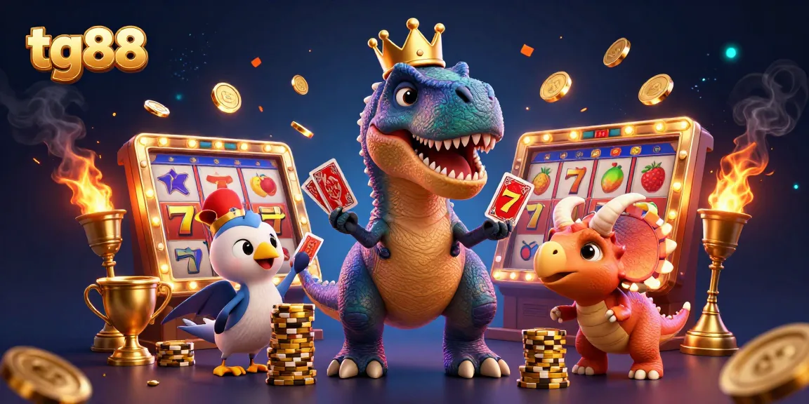 Experience the excitement of tg88 with a T-Rex and friends in a colorful casino environment.