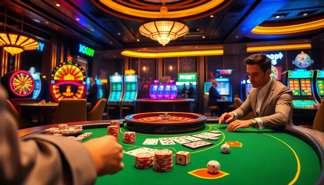Players enjoying thrilling games at 89bet.green's upscale casino atmosphere with poker and roulette.
