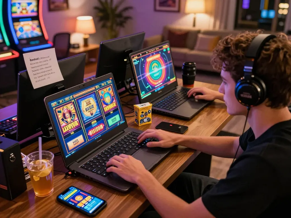 Engaging online gambling scene with FC88 and vibrant slot machines illuminated on screen.