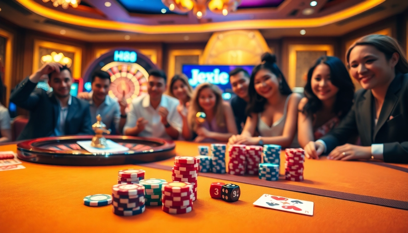 Hi88 gaming table with colorful poker chips, cards, and dice in a luxurious casino scene.