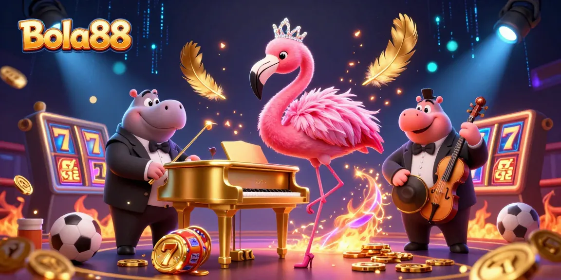 Bola88 engages players with vibrant 3D casino-themed illustration featuring a flamingo singer and hippo bassist.