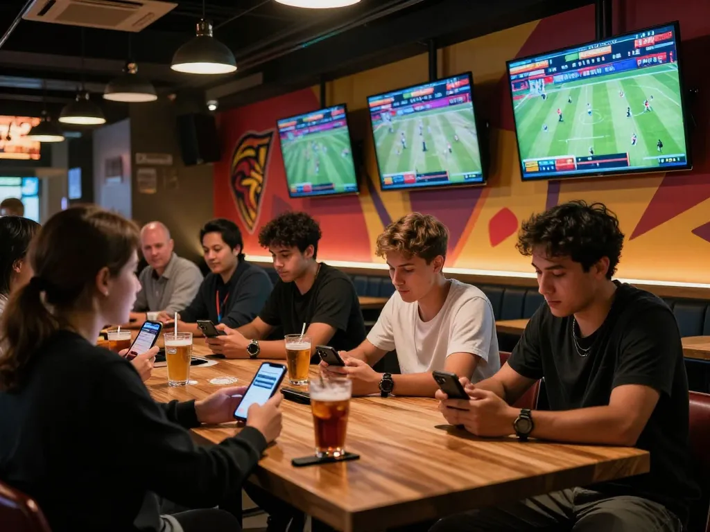 Experience excitement with Lucky88 as players bet on live sports at trendy sports bar.