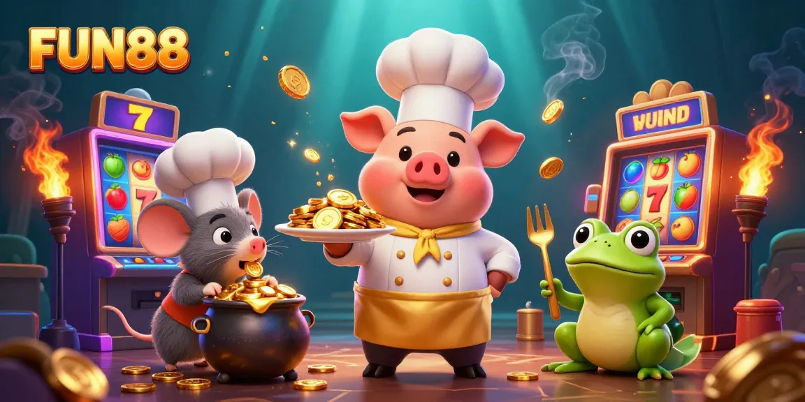 Experience FUN88 at its finest with cartoon chef pig serving gold coins, surrounded by slot machines.